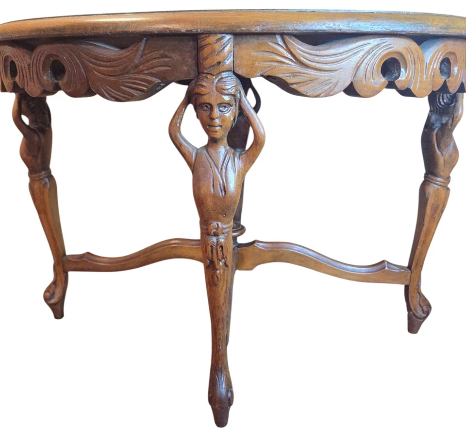 Antigua mesa ovalada renacentista francesa madera tallada figura cristal doncellas Foto 2 de 4