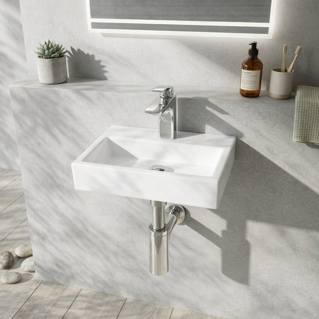Durovin Cloakroom Wall Mounted Basin Small Ceramic Rectangle Sink 385x240mm