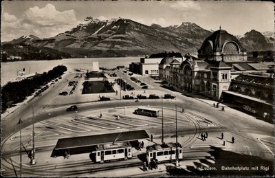 RPPC Luzern Bahnhofplatz Rigi Mountain Switzerland Birds Eye postcard v727