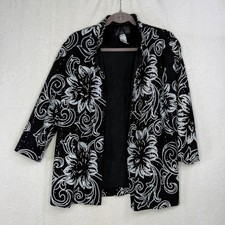 Alex Evenings Jacket Women XL Black Silver Sequin Floral Open Front Evening Wrap