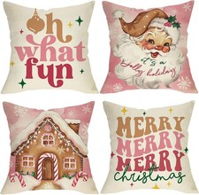 Merry Christmas Pink Decorative Throw Pillow Covers 18 x 18 Set of Santa