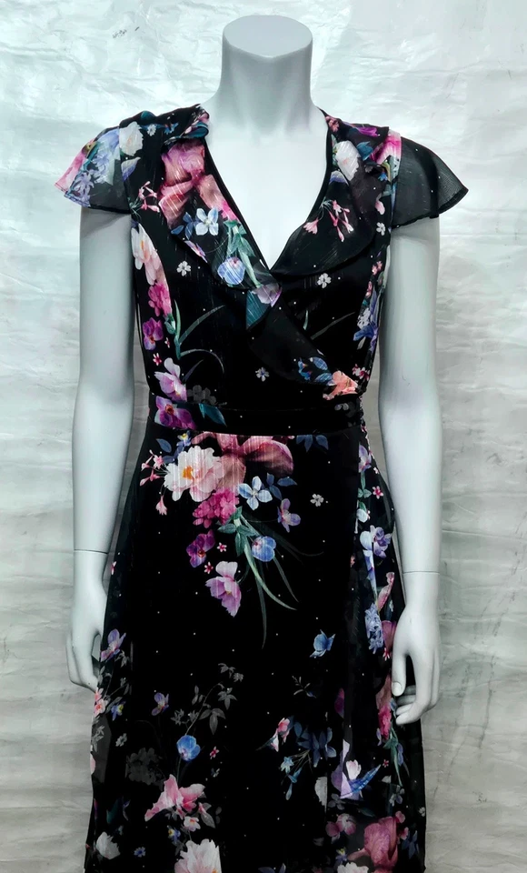 Lipsy Londres Mujer Precioso Largo Medio Negro Jenna Floral Tiras Volante UK 12 - Imagen 2 de 4