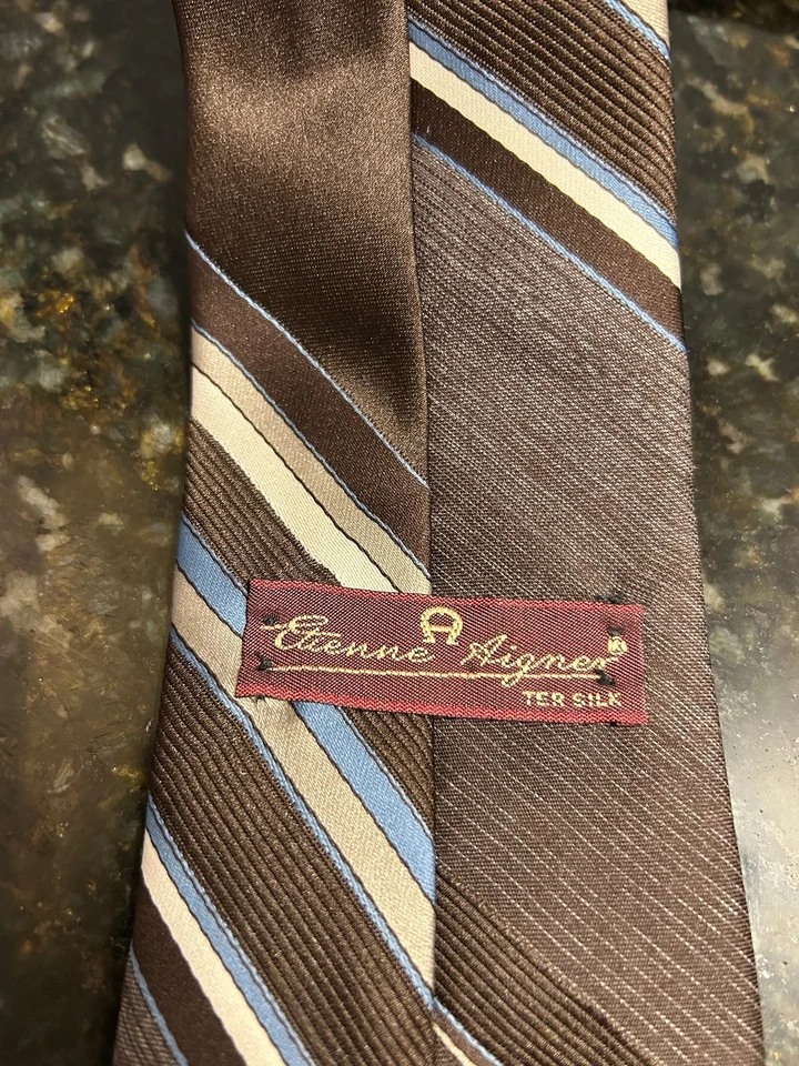 Corbata para hombre Etienne Aigner marrón azul a rayas 57-60" 100 % seda Foto 2 de 4