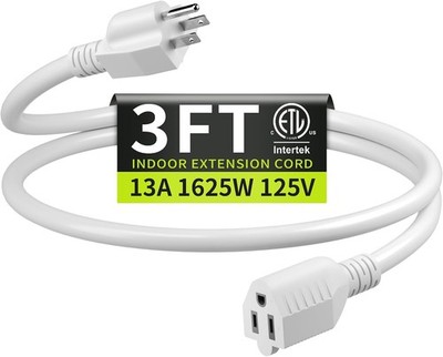 16/3 White Extension Cord 3 FT Indoor Short Extension Cord | 3FT Short