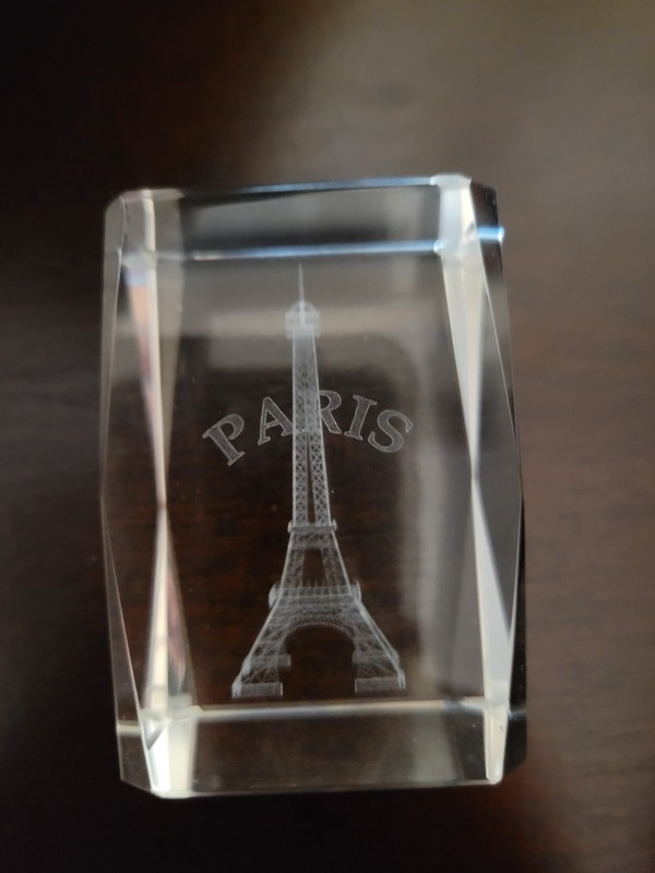 Paris France Paperweight Eiffel Tower Crystal Clear Glass Souvenir Laser Etched