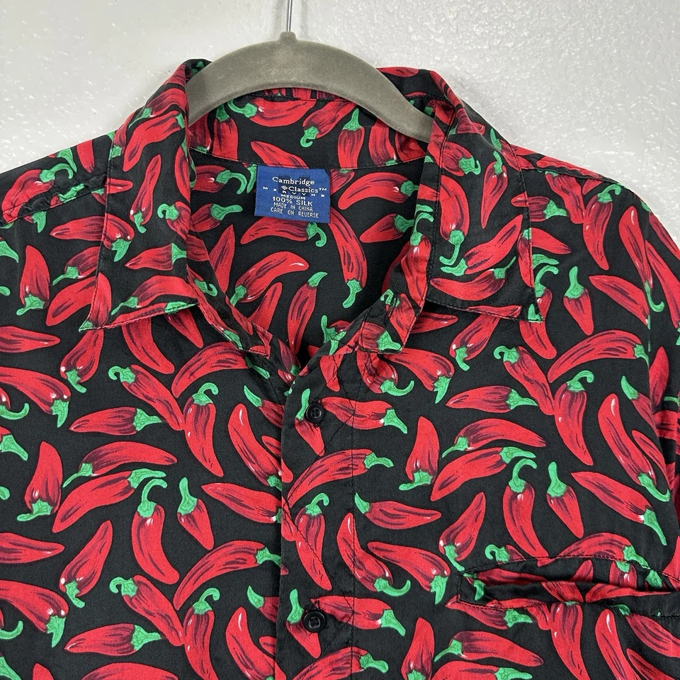 Camisa De Colección Y2K Cambridge Para Hombres Mediana Seda Roja Chiles Abotonada Indie Foto 3 de 4