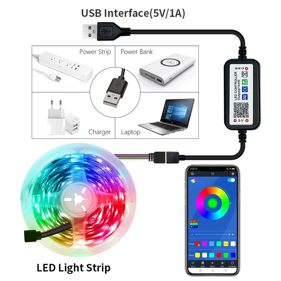 5M USB Led Strip Lights RGB 2835 60 LED Bluetooth APP Control Luces Led Flexible - Image 2 of 4