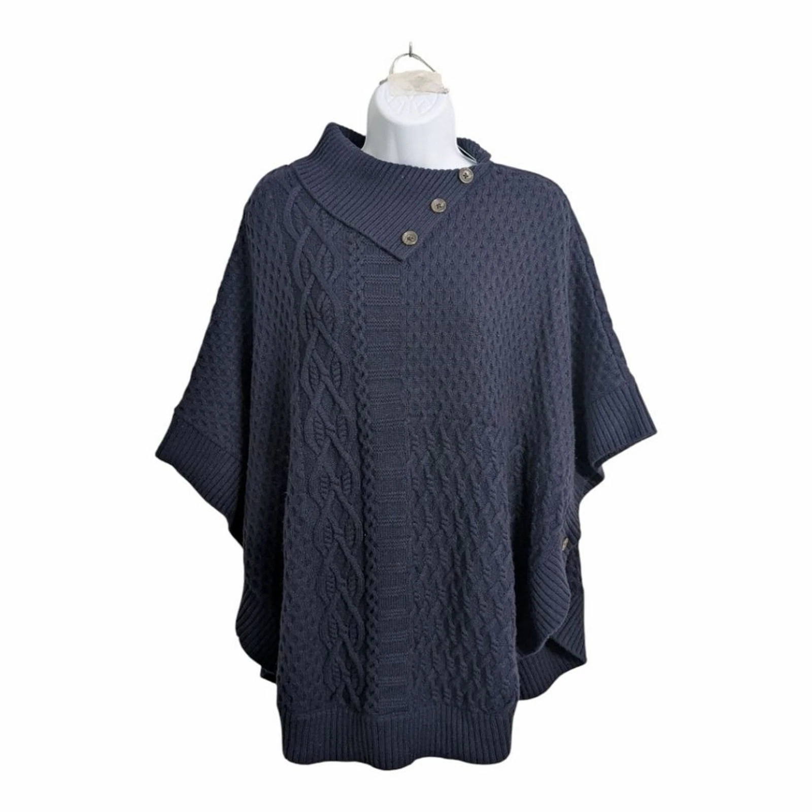 Talbots Lambswool Blend Navy Blue Cable Knit Poncho Sweater Shawl Collar Loose M