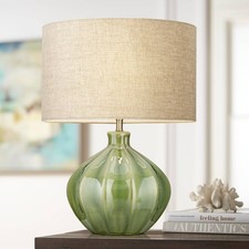 Modern Table Lamp with USB Charging Port Green Ceramic Drum Shade Living Room