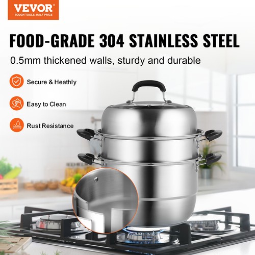 VEVOR Pentola a Vapore 3 Ripiani 28 cm Vaporiera in Acciaio Inox Capacità 8L ca. - Foto 2 di 12