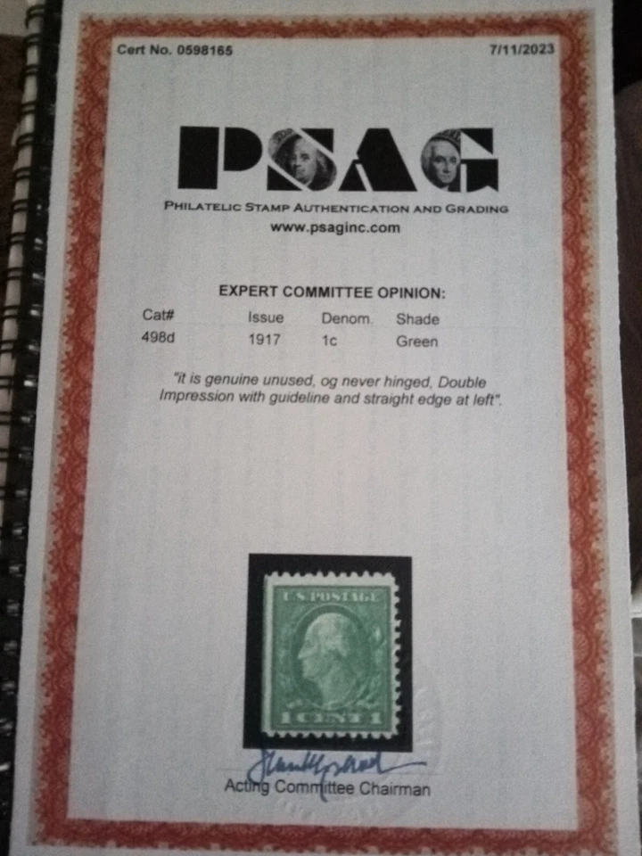 U.S. Stamp of 1917, Washington #498d. 1¢ green. PSAG certified Mint. CV $300.00 - Image 2 of 2