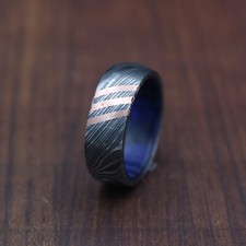Handmade Damascus Steel Ring with Blue Inlay  Men's Wedding Band