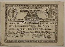 1,5 PAOLI ASSEGNATO ROMA BANCONOTA  1798 REPUBBLICA ROMANA TIMBRO OVALE