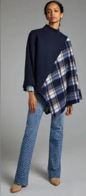 NWT Pilcro Mixed Plaid Poncho Sweater In Navy Blue One Size Anthropologie OS