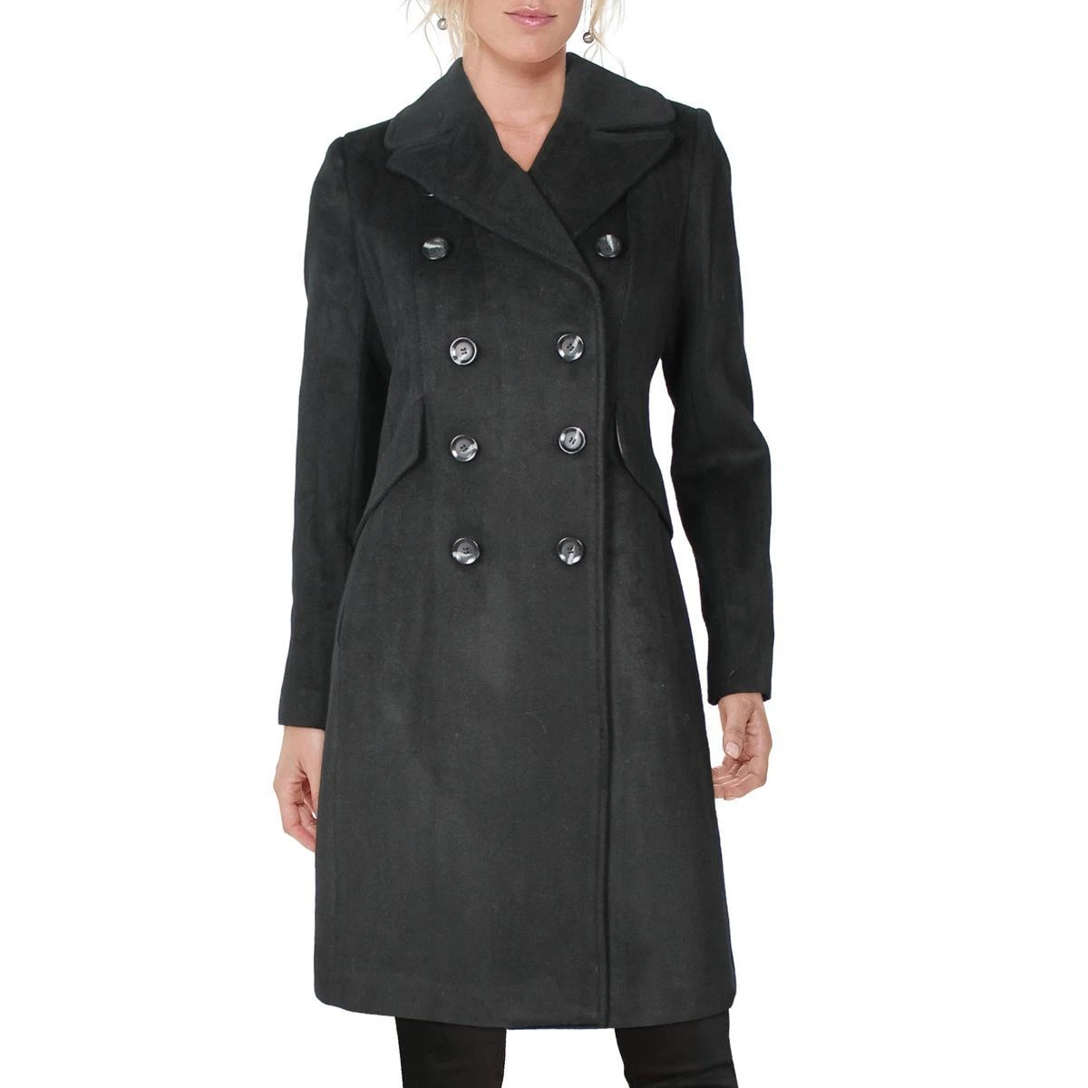Sam Edelman Womens Walker Black Wool Blend Midi Pea Coat Outerwear