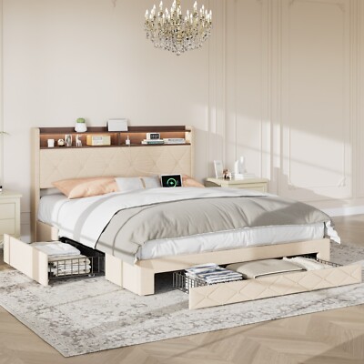 Full Queen Size Velvet Bed Frame with 3 Storage Drawers Wood Platform Headboard