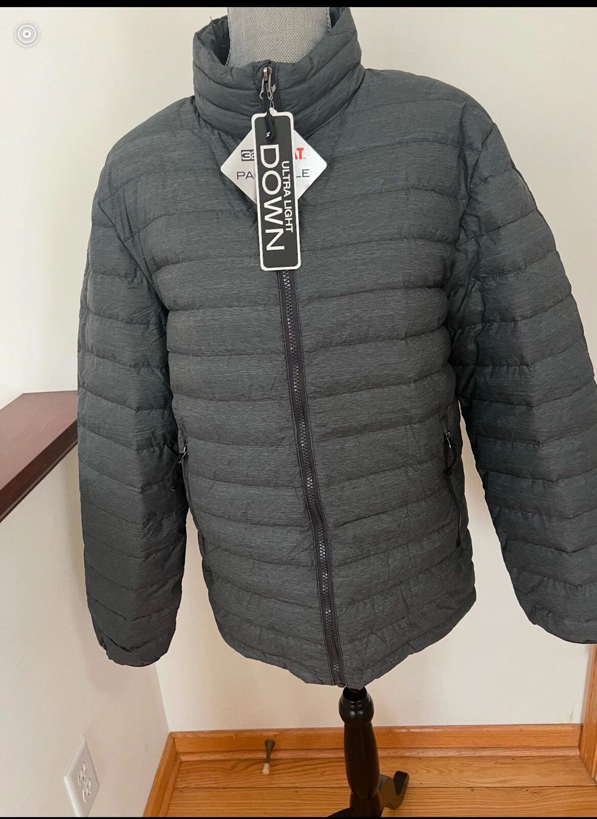 HeatKeep Gray Full Zip Ultra Light Down Puffer Jacket Packable Men's S NWT