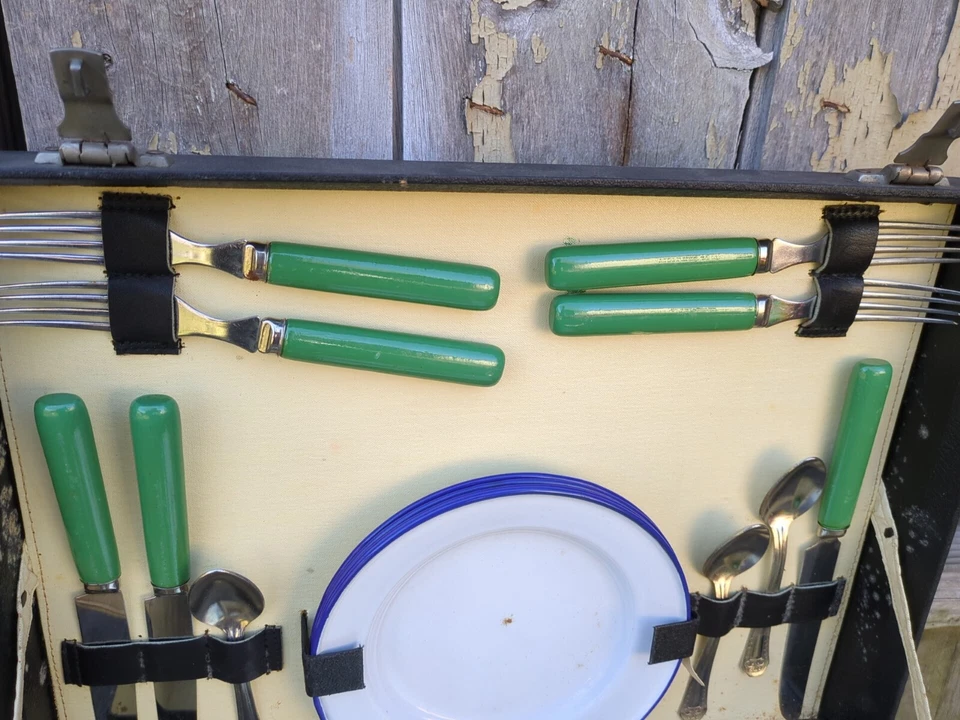 Antique 1920s 30s Automobile PICNIC Set Partial Jade Green Handles W/ Case - Image 3 of 4