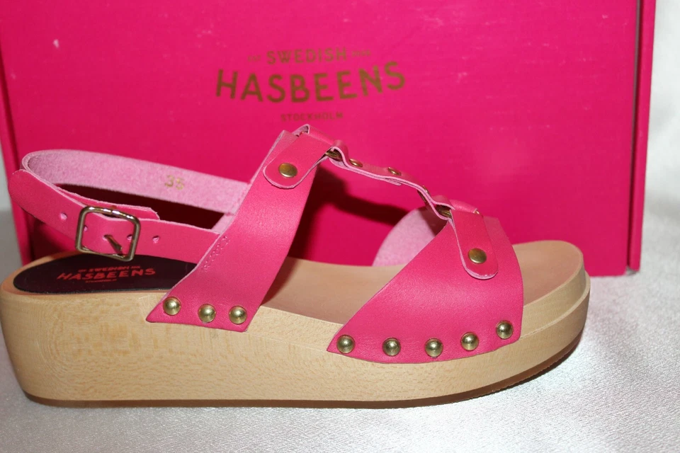 NEW NIB SWEDISH HASBEENS Cherry Pink Leather RIVET Open Toe Wood Clog EU35 $220 - Image 2 of 4