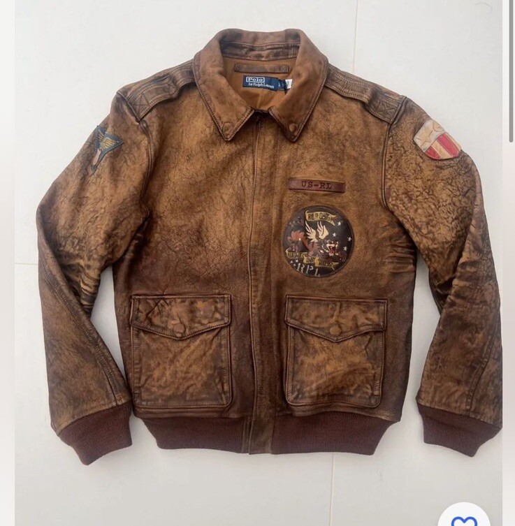 Ralph Lauren Leather Pilot Patch Bomber Jacket Brown Size Medium