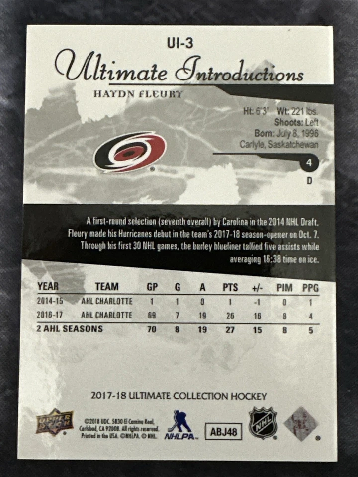 2017-18 Ultimate Collection Ultimate Introductions UI3 Haydn Fleury Hurricanes - Image 2 of 2