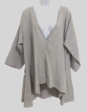 Match Point Tunic Top Blouse Gray 100% Linen 3/4 Sleeve VNeck L Oversized Button
