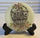 Fenton Custard Satin Plate of Two Kittens in a Basket by Marilyn Wagner w/Stand