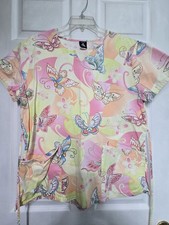 Cherokee Studio SCRUB TOP size M-Pink/Blue/Lime Floral/Butterfly-Chest 23"/L 27"