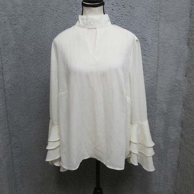 Star Style Shirt Womens 1X Ivory Ruffle Bell Sleeve Mock Neck Keyhole Tiered