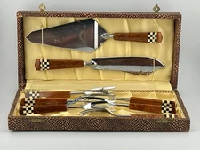 Vintage 1950s Solingen Germany Cake Pie Server Fork Set Checker Handle w/ Box