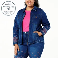 DG2 by Diane Gilman Classic Stretch Denim Embroidered Jacket Spiral M New