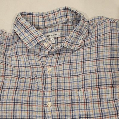 Peter Millar Men's 100% Linen Long Sleeve Shirt Clambake Plaid Coastal Beach L