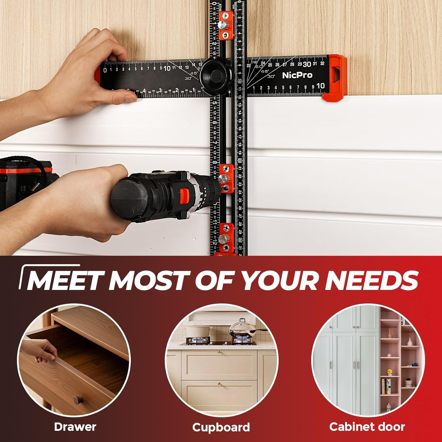 4-In-1 Drilling Positioning Scribing Ruler, Adjustable Multifunctional T Square 
