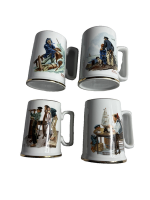 #ad 4 Vintage Japan Norman Rockwell Museum 12 oz Ceramic Nautical Theme Mugs 1985 $30.00