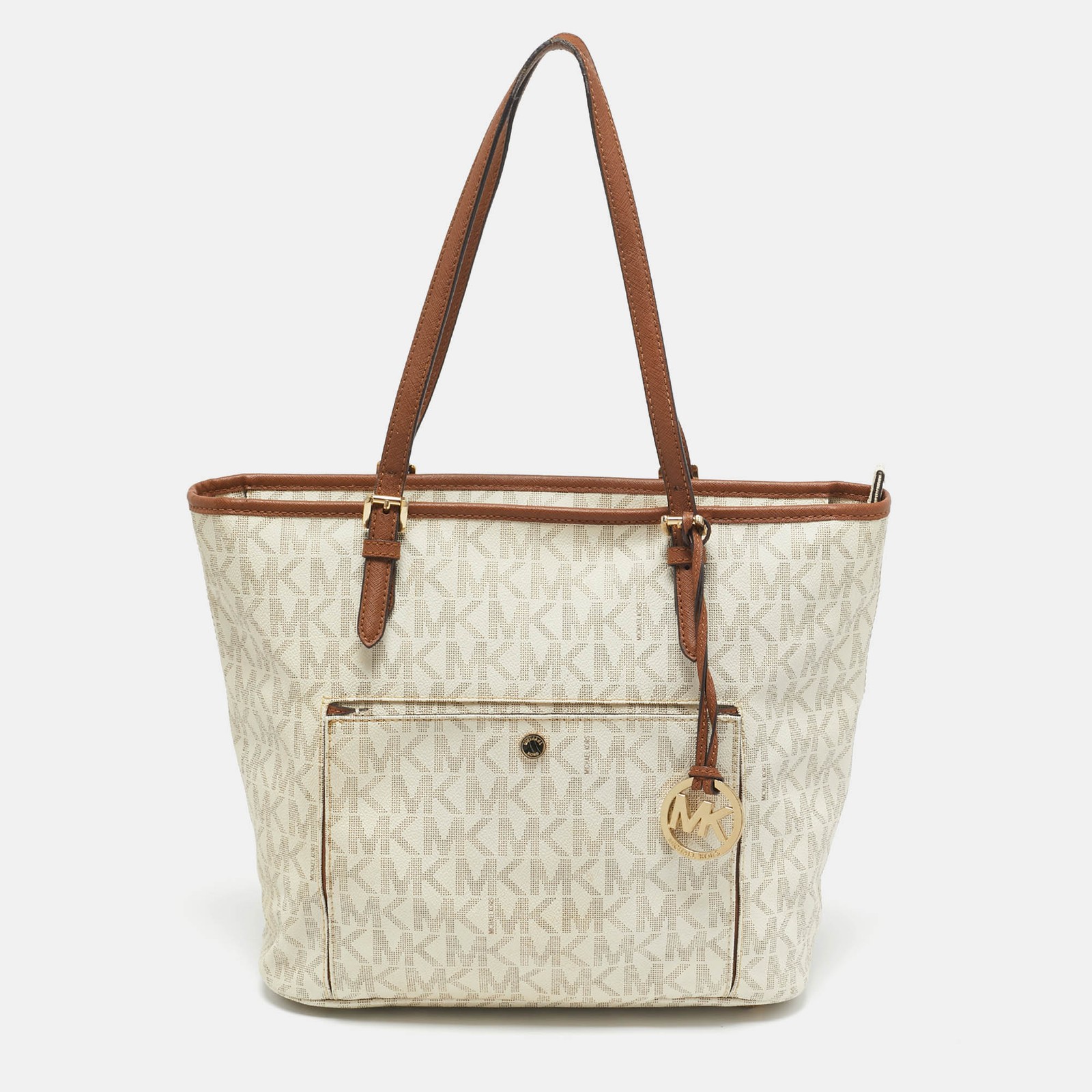 Michael Kors Off White Canvas Jet Set Tote with Signature Snap Pocket