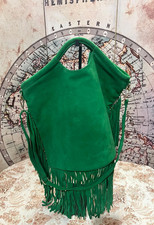 Borsa texana cow boy a sacco scamosciata con frange verde vera pelle