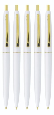 Profile of classic BIC  Clic  Pen. White body/Polished gold-plated trim. 5 pens