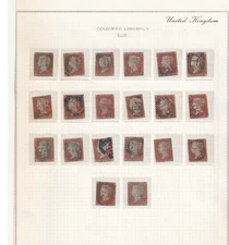 GB QV Penny Reds 20 x Stamps on a Page - Cancelled with blue ink