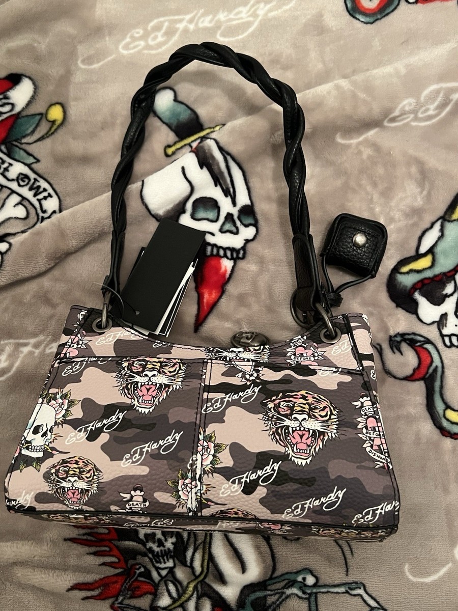 Ed Hardy Small Tote Gray & Pinks Skull Pink Roses Tiger Dagger