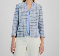 Kasper Women's Blue Tweed Open-Front 3/4 Sleeve Blazer Jacket Petite Size 16P