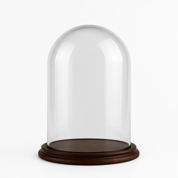 Clear Circular Glass Dome With Brown Vintage Wooden Base H:30x20 cm