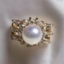 Vintage 18K Gold Plated Sterling 9MM Cultured Pearl and CZ Ring - Size 7.5