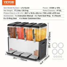 VEVOR Distributore Di Bevande Commerciali 4X12L Dispenser Succhi Freddi Bevan...