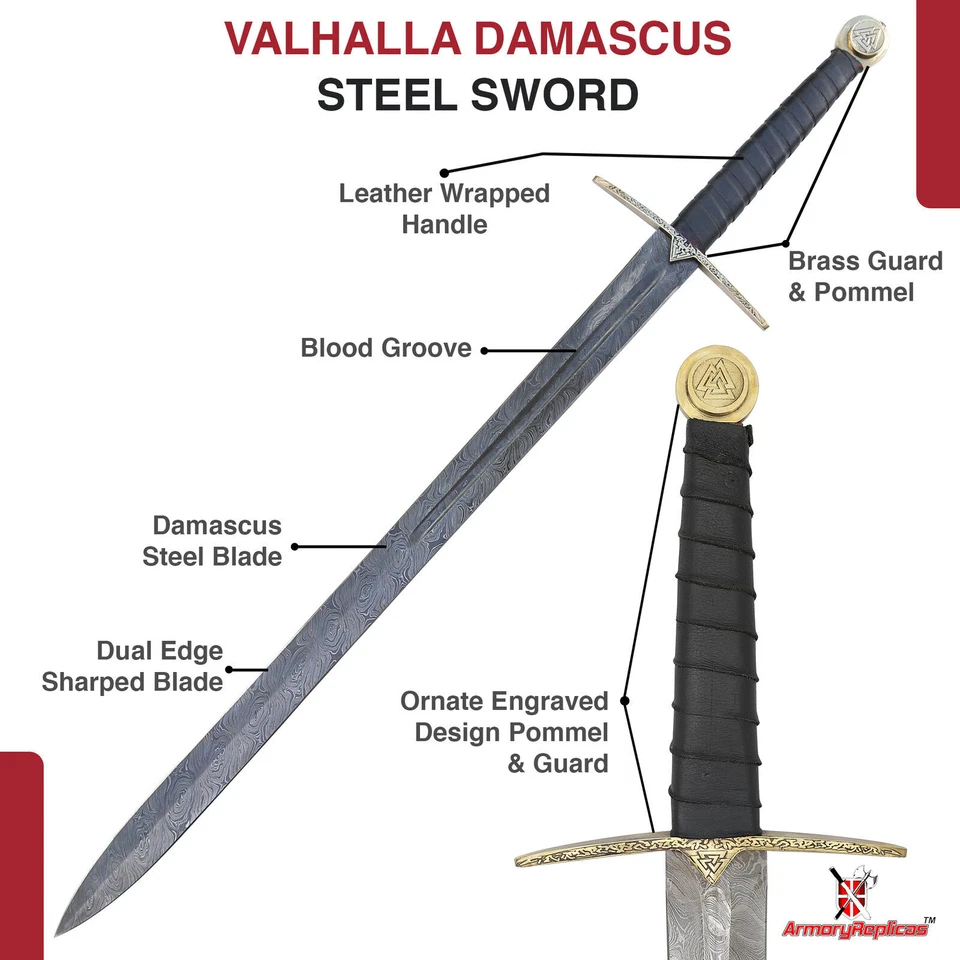 Einherjar Hoja de Valhalla Damasco Acero Vikingo Espada Larga Funda Cuero Libre Foto 3 de 4