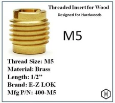 E-Z Lok P/N 400-M5, M5 Threaded Brass Insert For Wood (10 Pieces)