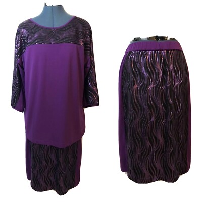 NWT Bob Mackie Set Purple Black Swirl Sequin 3/4 Sleeve Top L Pull on Skirt M