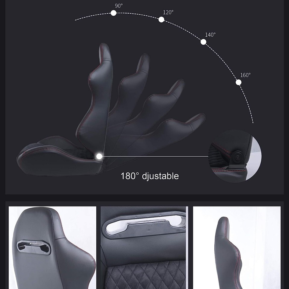 Universal Set of 2 Racing SeatsPair Black Leather Reclinable Bucket