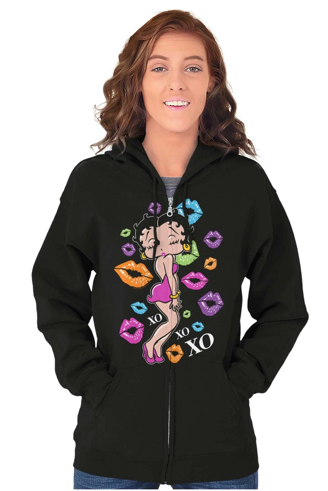 VALENTINO Felpa con cappuccio e zip Betty Boop retrò cartone animato arcobaleno XOXO baci da donna