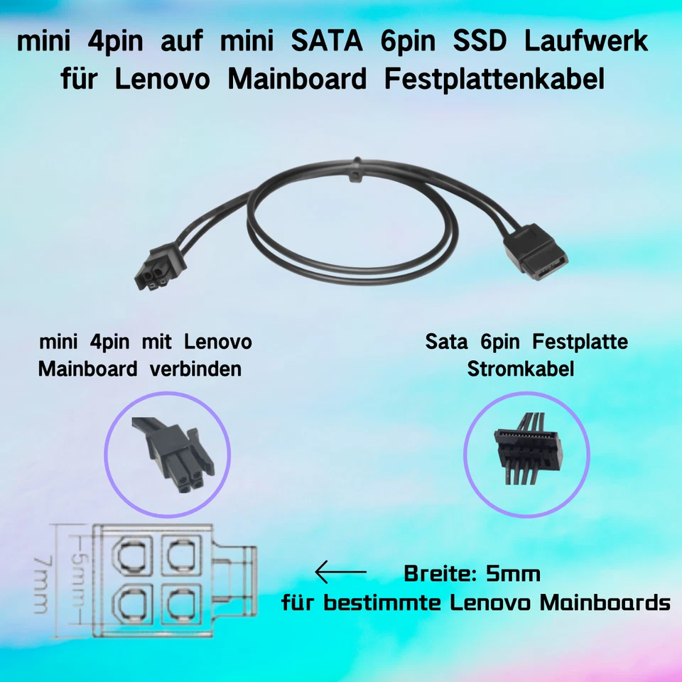 L01 Mainboard ATX mini 4pin auf mini SATA 6pin SSD Stromkabel für Lenovo 45cm - Bild 2 von 4