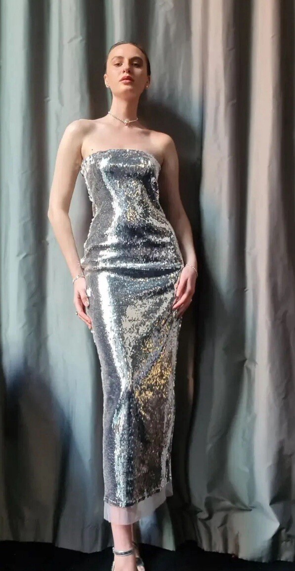 zara silver tube dress ZARA BNWT 2023. SILVER METALLIC TUBE DRESS STRAPLESS. 3152/390 SIZE S